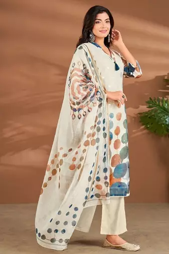 White linen printed hand embroidery kurta set with dupatta