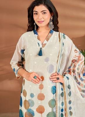 White linen printed hand embroidery kurta set with dupatta 5