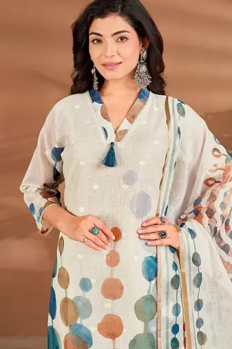White linen printed hand embroidery kurta set with dupatta