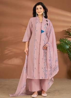 Pink linen printed hand embroidery kurta set with dupatta 1