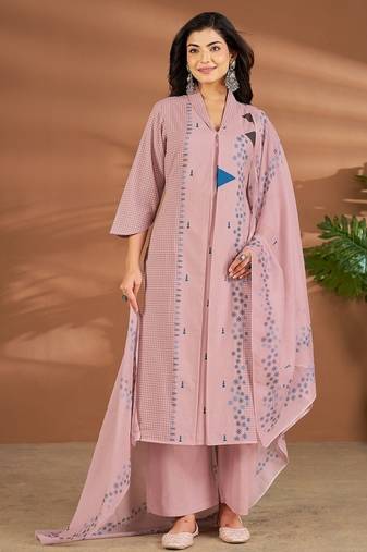 Pink linen printed hand embroidery kurta set with dupatta