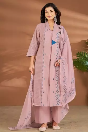 Pink linen printed hand embroidery kurta set with dupatta