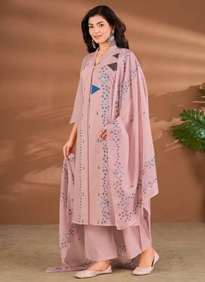 Pink linen printed hand embroidery kurta set with dupatta 2