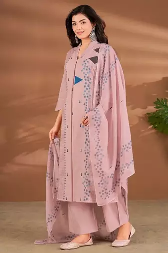 Pink linen printed hand embroidery kurta set with dupatta