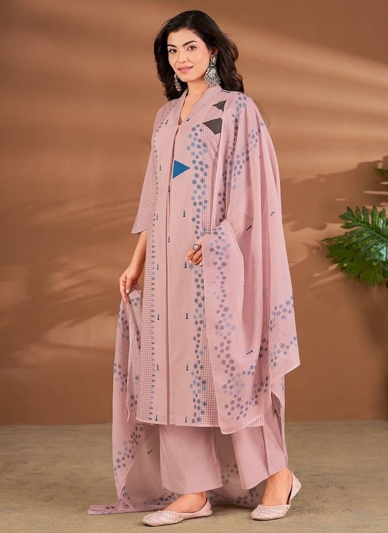 Pink linen printed hand embroidery kurta set with dupatta