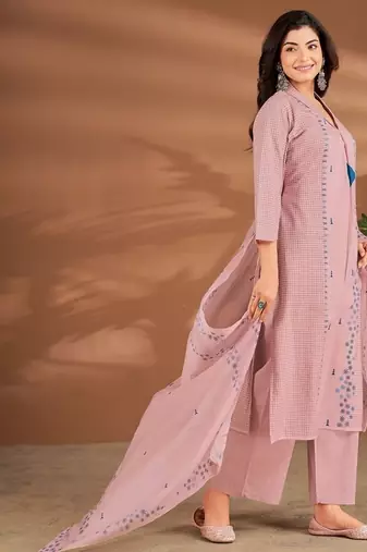 Pink linen printed hand embroidery kurta set with dupatta