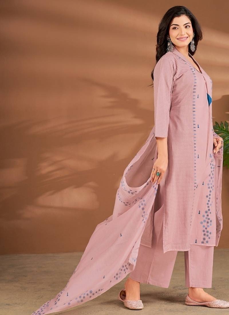 Pink linen printed hand embroidery kurta set with dupatta