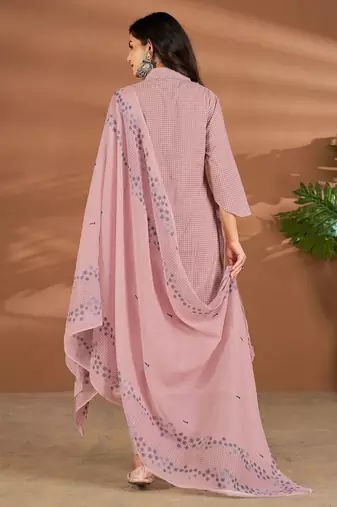 Pink linen printed hand embroidery kurta set with dupatta