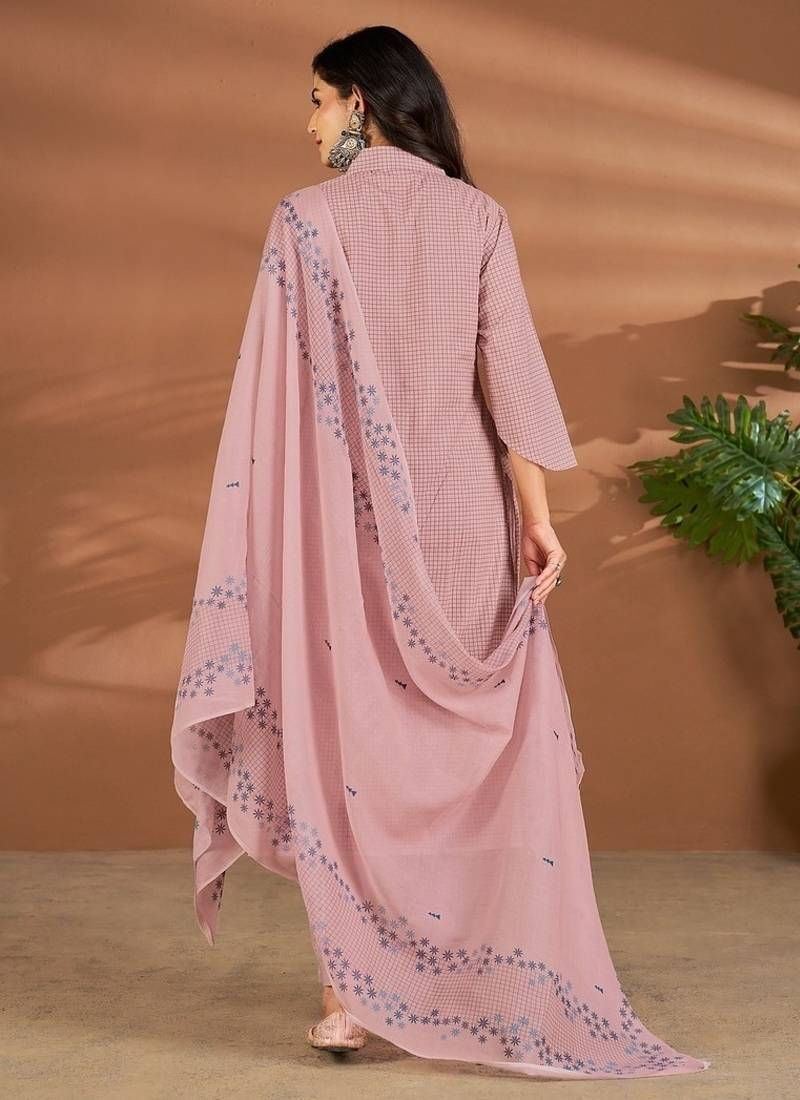 Pink linen printed hand embroidery kurta set with dupatta
