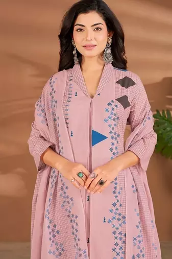 Pink linen printed hand embroidery kurta set with dupatta