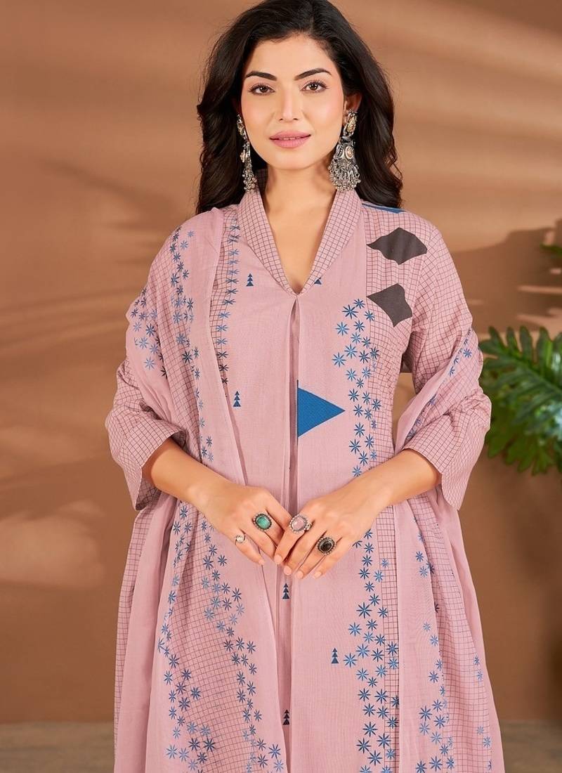 Pink linen printed hand embroidery kurta set with dupatta