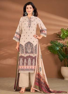 Cream linen printed hand embroidery kurta set with dupatta 1