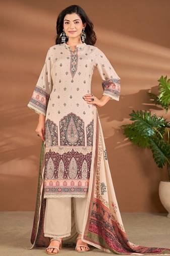 Cream linen printed hand embroidery kurta set with dupatta
