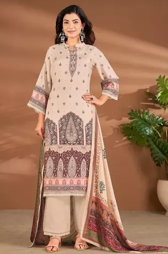 Cream linen printed hand embroidery kurta set with dupatta
