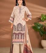 Cream linen printed hand embroidery kurta set with dupatta