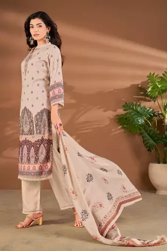 Cream linen printed hand embroidery kurta set with dupatta