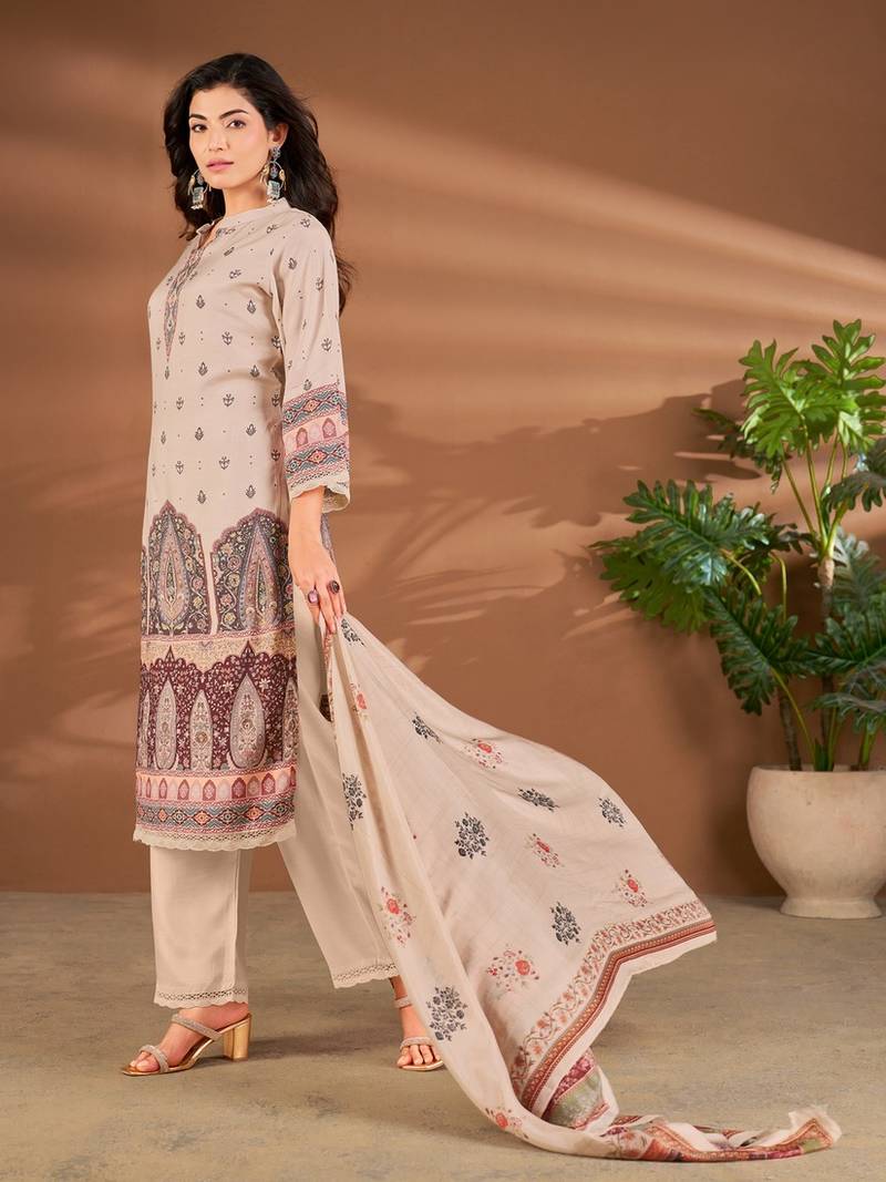 Cream linen printed hand embroidery kurta set with dupatta