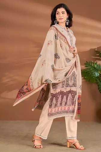 Cream linen printed hand embroidery kurta set with dupatta