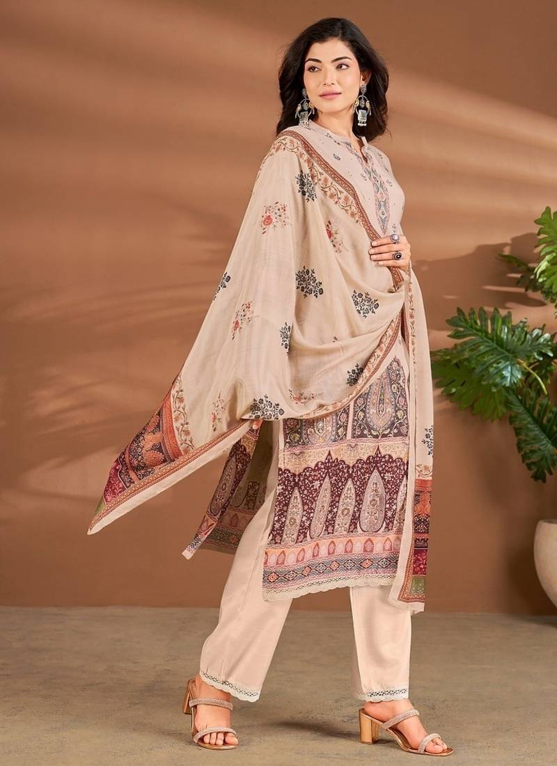 Cream linen printed hand embroidery kurta set with dupatta