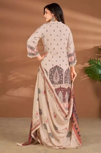 Cream linen printed hand embroidery kurta set with dupatta