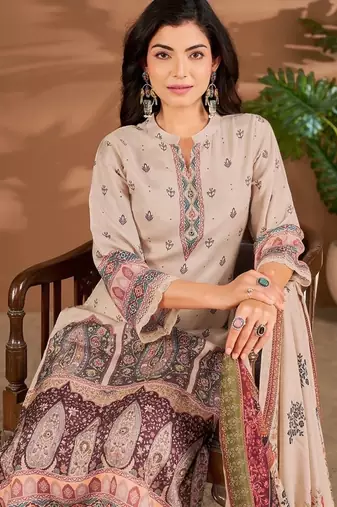 Cream linen printed hand embroidery kurta set with dupatta