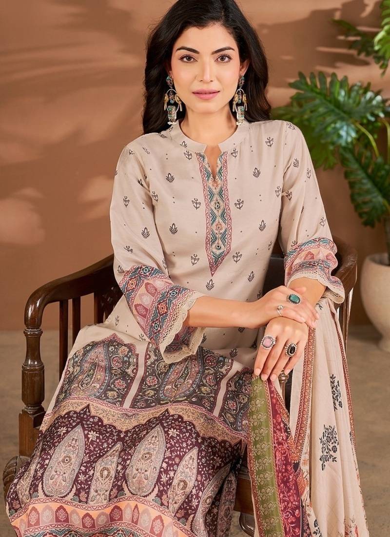 Cream linen printed hand embroidery kurta set with dupatta
