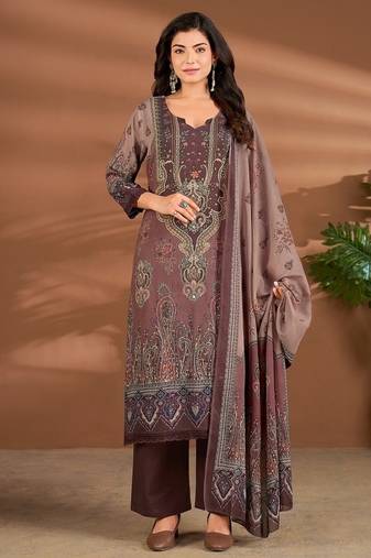 Brown chanderi printed hand embroidery kurta set with dupatta