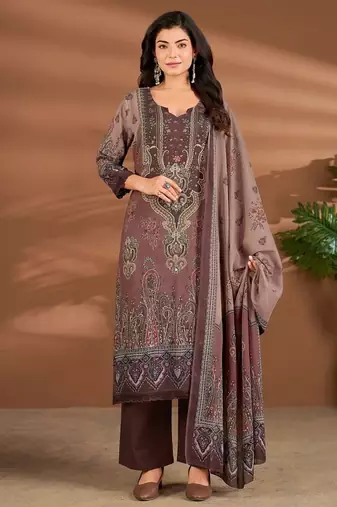 Brown chanderi printed hand embroidery kurta set with dupatta