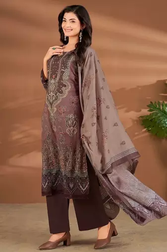 Brown chanderi printed hand embroidery kurta set with dupatta