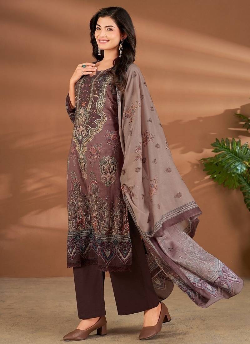 Brown chanderi printed hand embroidery kurta set with dupatta