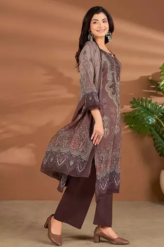 Brown chanderi printed hand embroidery kurta set with dupatta
