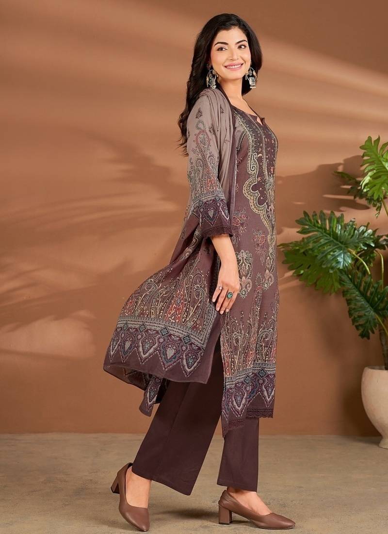 Brown chanderi printed hand embroidery kurta set with dupatta