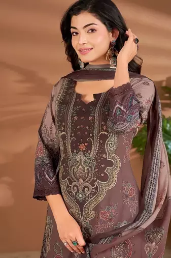 Brown chanderi printed hand embroidery kurta set with dupatta