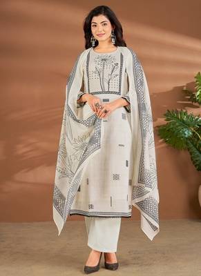 White chanderi printed hand embroidery kurta set with dupatta 1