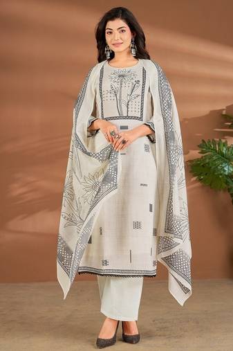 White chanderi printed hand embroidery kurta set with dupatta