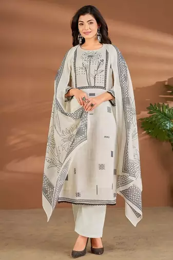 White chanderi printed hand embroidery kurta set with dupatta