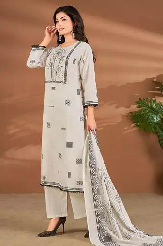 White chanderi printed hand embroidery kurta set with dupatta