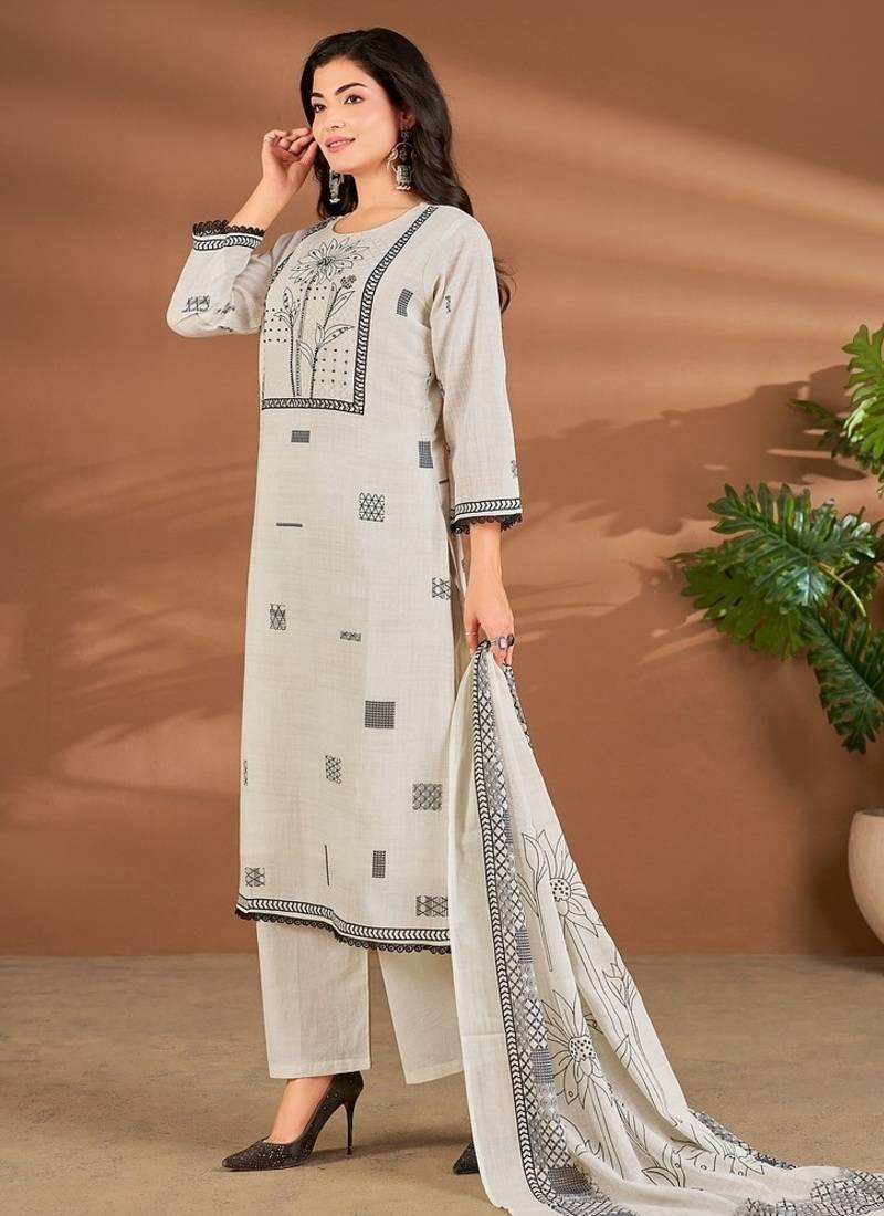 White chanderi printed hand embroidery kurta set with dupatta