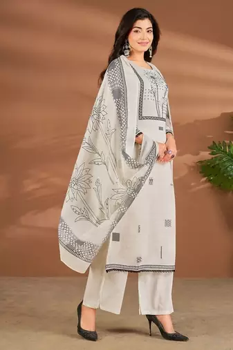 White chanderi printed hand embroidery kurta set with dupatta
