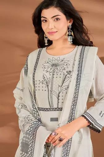 White chanderi printed hand embroidery kurta set with dupatta