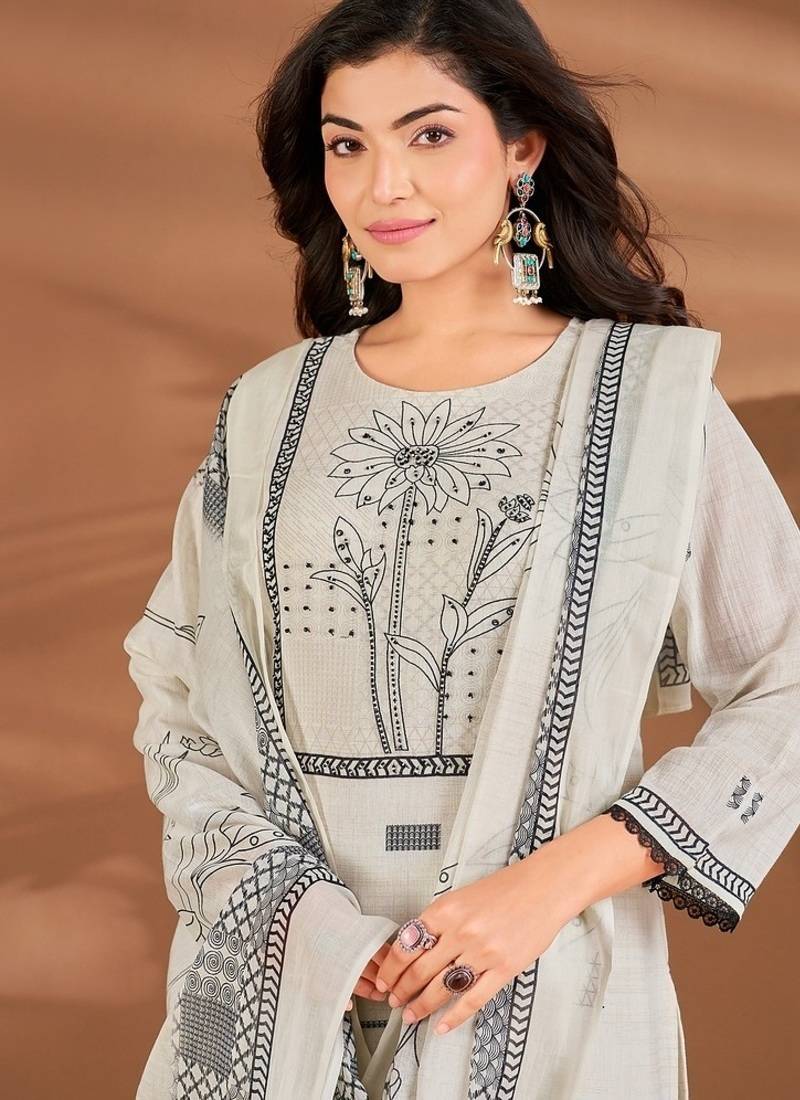 White chanderi printed hand embroidery kurta set with dupatta