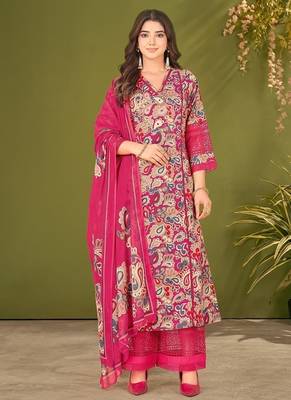 Pink cotton printed hand embroidery kurta set with dupatta 1