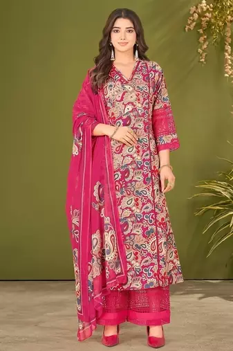 Pink cotton printed hand embroidery kurta set with dupatta