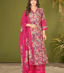 Pink cotton printed hand embroidery kurta set with dupatta