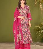 Pink cotton printed hand embroidery kurta set with dupatta
