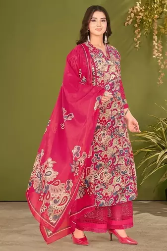 Pink cotton printed hand embroidery kurta set with dupatta