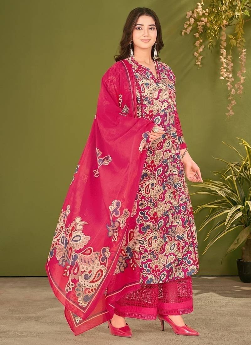 Pink cotton printed hand embroidery kurta set with dupatta