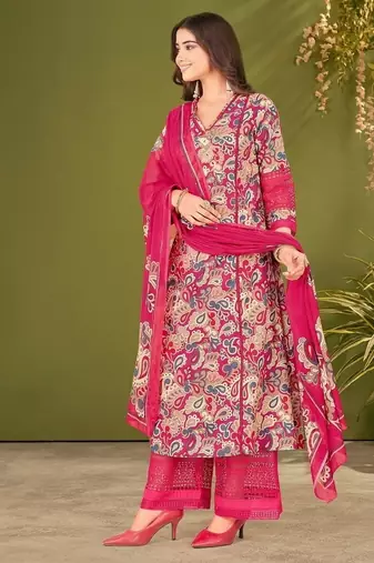 Pink cotton printed hand embroidery kurta set with dupatta