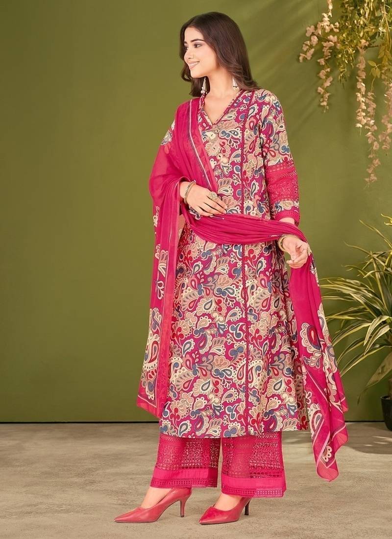 Pink cotton printed hand embroidery kurta set with dupatta