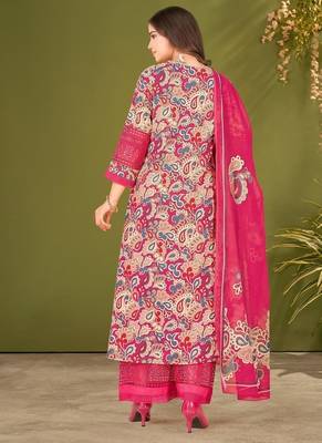Pink cotton printed hand embroidery kurta set with dupatta 4